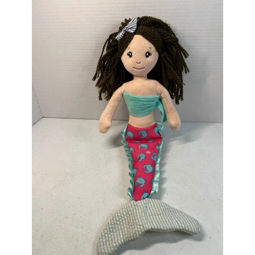 The Preppy Pelican Mermaid Plush Rag Doll Pink Crab Tail Brown Yarn Hair 19.5